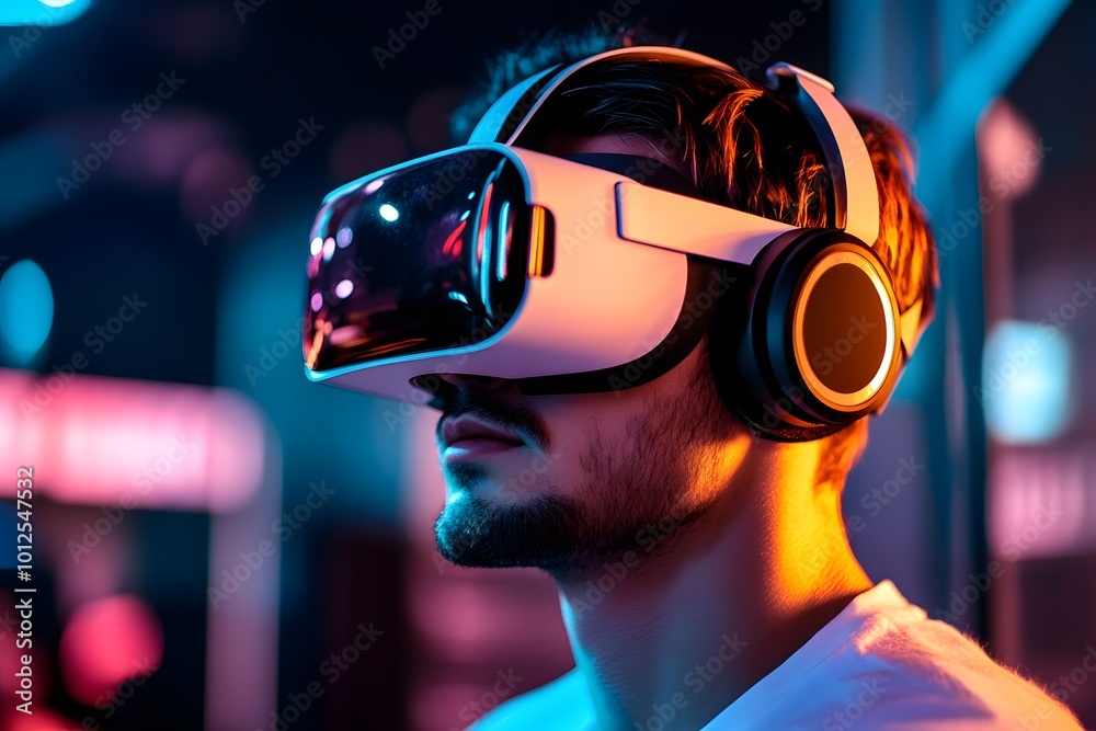 Person wearing a virtual reality headset, immersed in digital experience. Person wearing a virtual reality headset, immersed in digital experience.