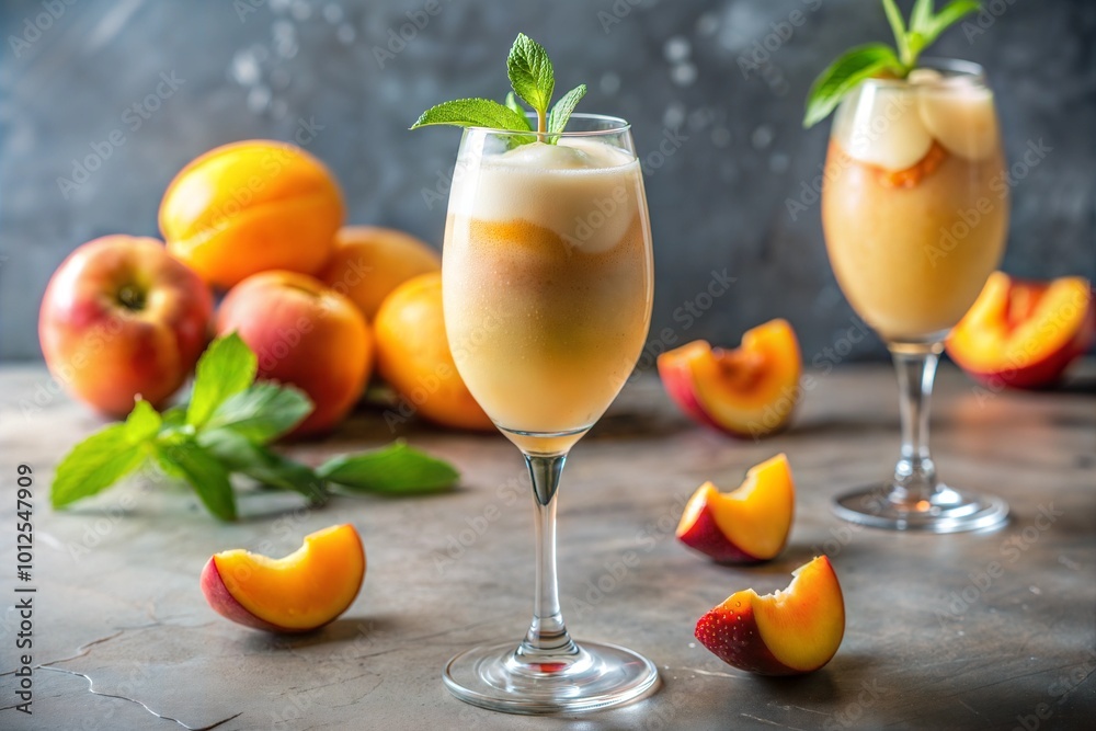 Fototapeta premium Peach smoothies with mint on rustic wooden table