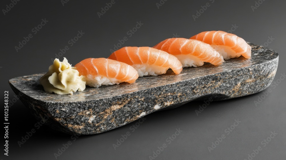 Elegant Minimalist Sushi Platter with Salmon Sashimi and Wasabi Served on a Black Stone Plate, Simple, Modern Japanese Cuisine Elegant Minimalist Sushi Platter with Salmon Sashimi and Wasabi Served on a Black Stone Plate, Simple, Modern Japanese Cuisine