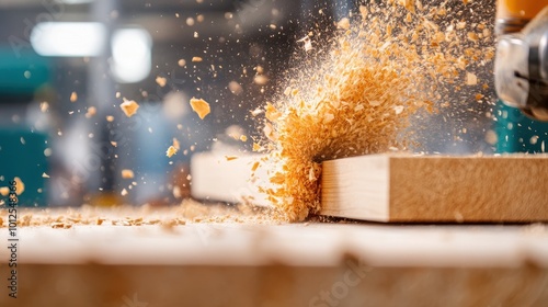 Dynamic image of a power saw slicing through wood, skillfully controlled by an artisan, where sawdust and wood chips are visibly scattered around in motion. photo