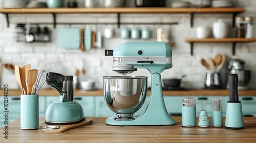 Modern kitchen scene featuring a stylish mixer and utensils.