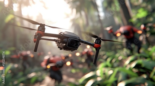 A sophisticated drone hovering amidst a dense jungle environment, with blurred elements in the background showcasing cutting-edge technology. photo