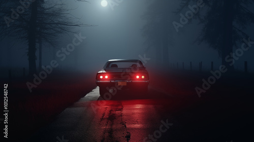 an old car on a deserted road, illuminated by its red taillights in a dark, foggy night, halloween, 