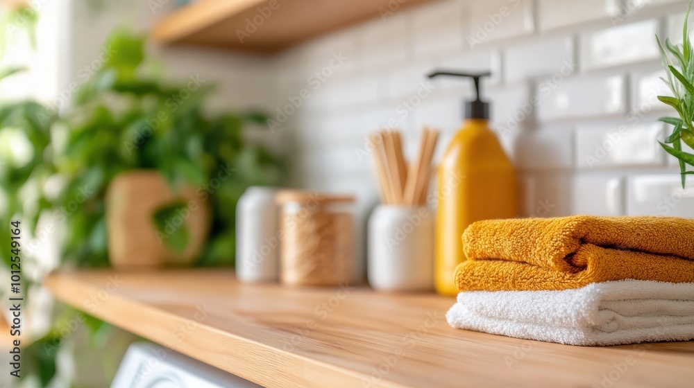 A bathroom shelf is stylishly arranged with a stack of yellow and white towels next to a pump bottle and jars, surrounded by greenery and modern design elements. A bathroom shelf is stylishly arranged with a stack of yellow and white towels next to a pump bottle and jars, surrounded by greenery and modern design elements.