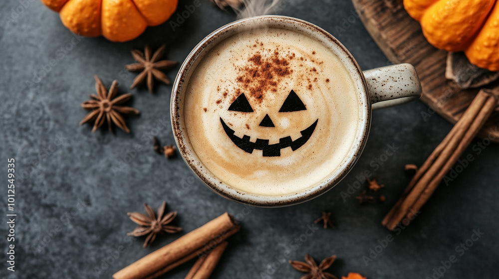 Close up of a cup of halloween coffee art - Generative AI Close up of a cup of halloween coffee art - Generative AI