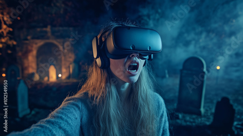 Technology in virtual reality entertainment,woman wearing virtual reality headset with simulate scary situations with ghosts and graves background. photo