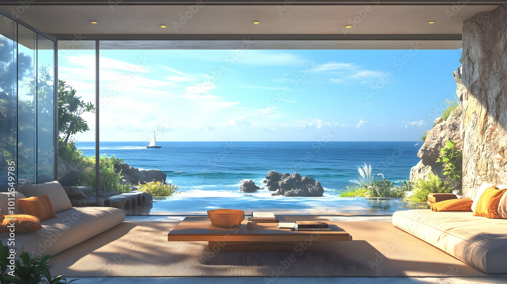 Fototapeta premium 3D Illustration of Modern Living Room with Ocean View