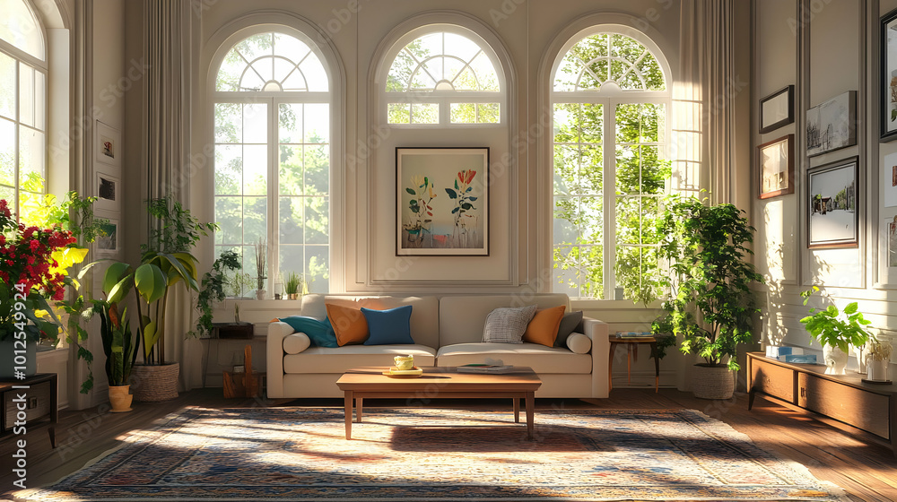 3D Illustration of a Living Room with Sunlight Streaming Through Arched Windows 3D Illustration of a Living Room with Sunlight Streaming Through Arched Windows