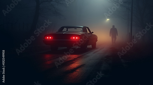 an old car on a deserted road, illuminated by its red taillights in a dark, foggy night, halloween, 
