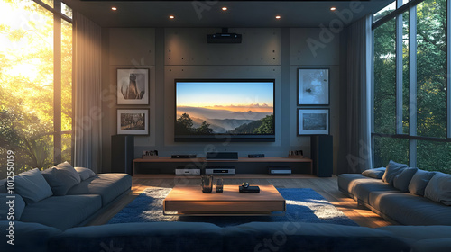 Modern Home Theater Room with a View 3D Illustration