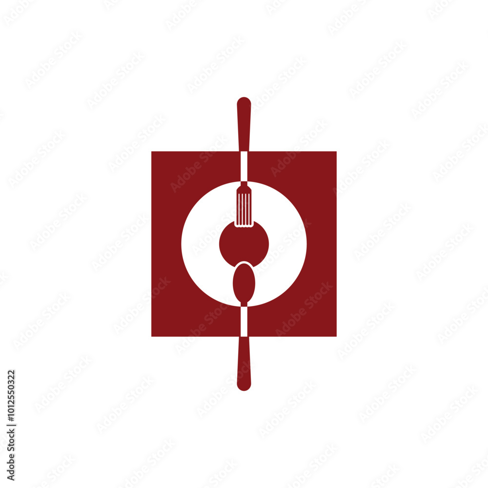 Spoon and fork icon on a plate isolated on white background Spoon and fork icon on a plate isolated on white background
