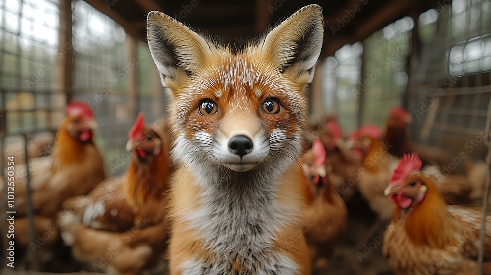 Fototapeta premium A red fox stares intently at the camera, surrounded by chickens in a coop.