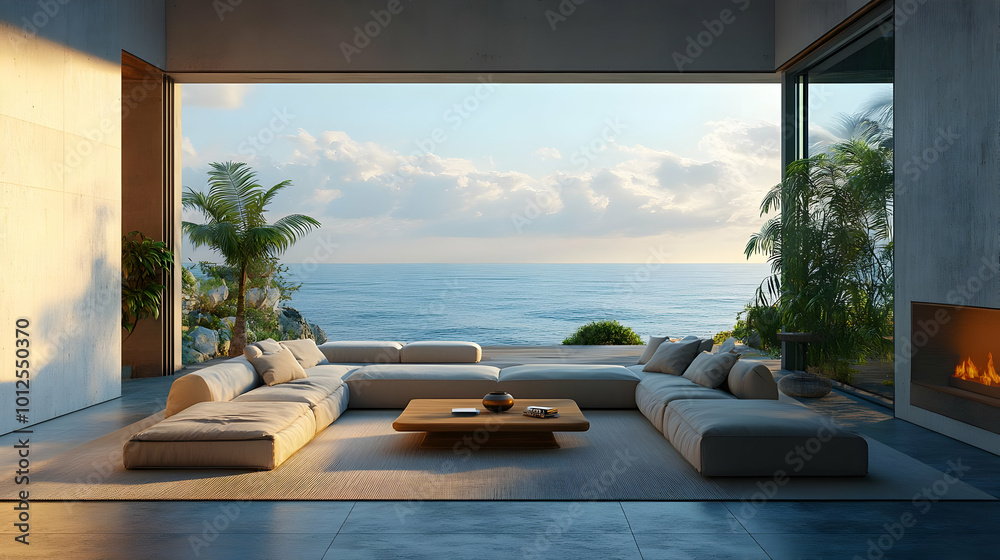 Fototapeta premium Modern Living Room with Ocean View 3D Illustration
