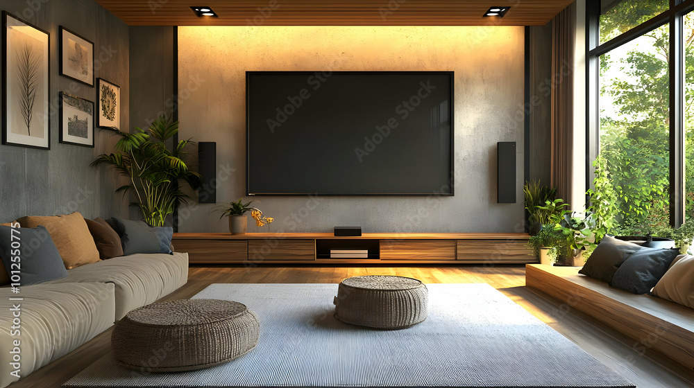 Modern Living Room with a Large TV and a View of the Woods - 3D Render Modern Living Room with a Large TV and a View of the Woods - 3D Render