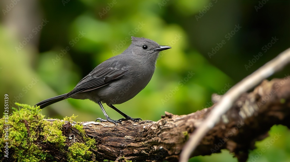 Grey Bird Perched on a Branch in a Tropical Forest Grey Bird Perched on a Branch in a Tropical Forest