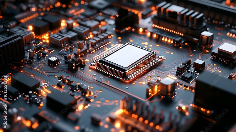 Close-up of a circuit board with glowing components and a processor. Close-up of a circuit board with glowing components and a processor.