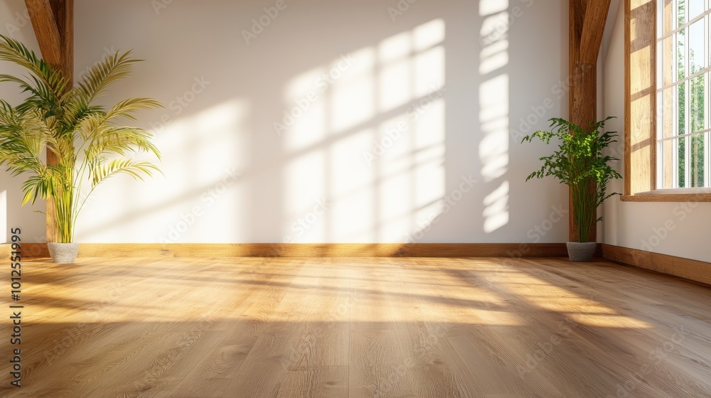 A bright, sunlit empty room featuring a polished wooden floor and green plants placed neatly, symbolizing tranquility, potential, and fresh beginnings. A bright, sunlit empty room featuring a polished wooden floor and green plants placed neatly, symbolizing tranquility, potential, and fresh beginnings.