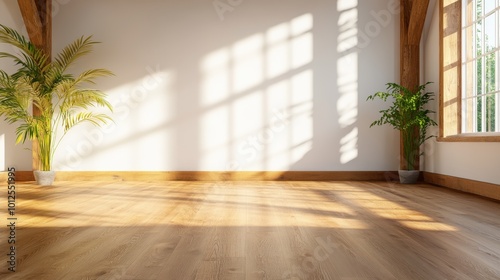 A bright, sunlit empty room featuring a polished wooden floor and green plants placed neatly, symbolizing tranquility, potential, and fresh beginnings.