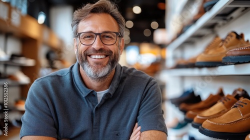 A friendly, spectacled man stands smiling in a shoe store, surrounded by shelves of shoes, conveying warmth, happiness, and approachability.