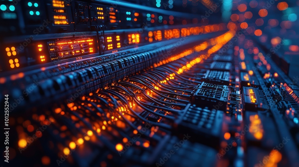 Close-up view of illuminated data cables in a server room. Close-up view of illuminated data cables in a server room.