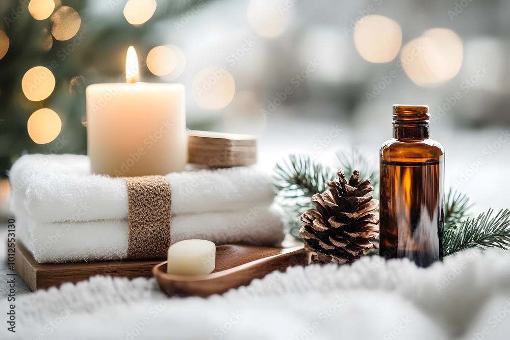 Cozy winter scene with candles, towels, and natural decor. Cozy winter scene with candles, towels, and natural decor.