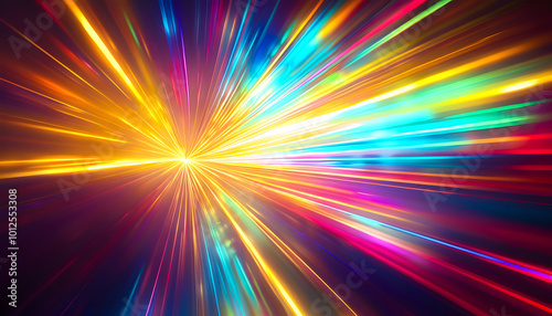 Vivid Burst of Light Rays in Motion – Abstract Energy Explosion with Multicolor Beams on Dark Background, Vibrant Spectrum Effect for Dynamic Design or Tech Concept