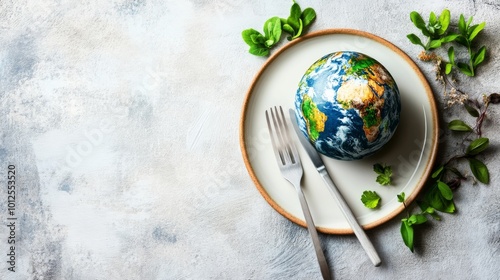 A globe on a plate with a fork and knife on a light background, a World Food Day wallpaper concept  
ChatGPT said:
ChatGPT
 photo