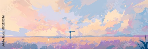 A serene background with soft pastel colors, featuring an elegant cross silhouette against the sky, symbolizing hope and connection to God's love  photo