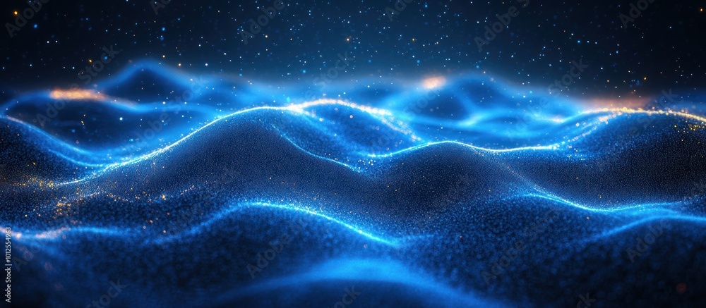 Abstract blue and white wave pattern background with glowing particles. Abstract blue and white wave pattern background with glowing particles.