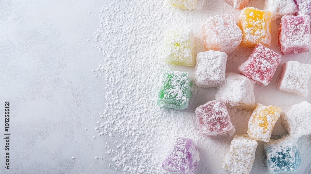 A sufficient number of Turkish Delight cubes, images on the side, covered with powdered sugar and multi-colored. Copy space image. A sufficient number of Turkish Delight cubes, images on the side, covered with powdered sugar and multi-colored. Copy space image.