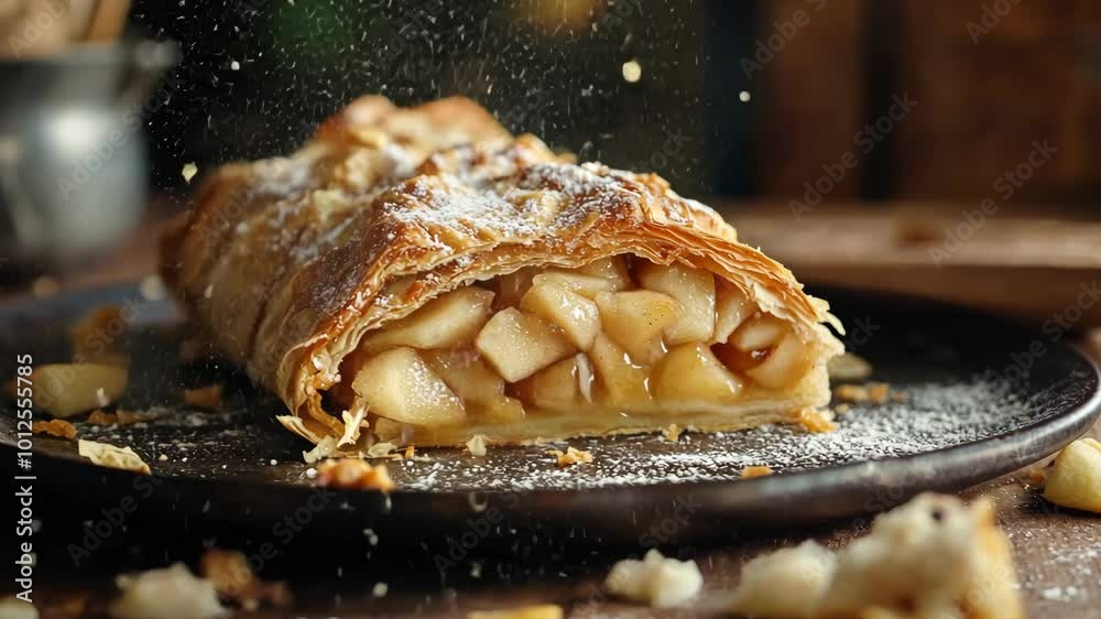 A piece of apple pie with a sprinkle of sugar on top