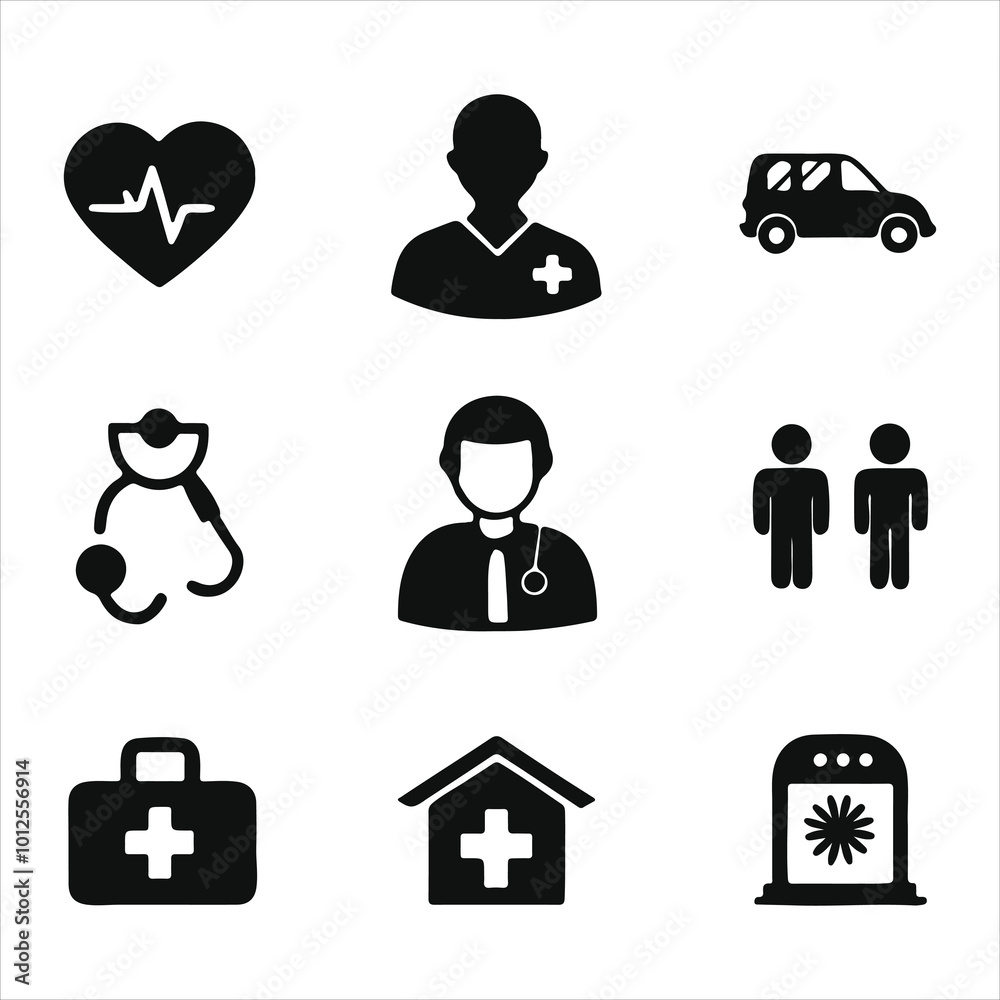 Set of Medicare icon silhouette on isolated white background Set of Medicare icon silhouette on isolated white background