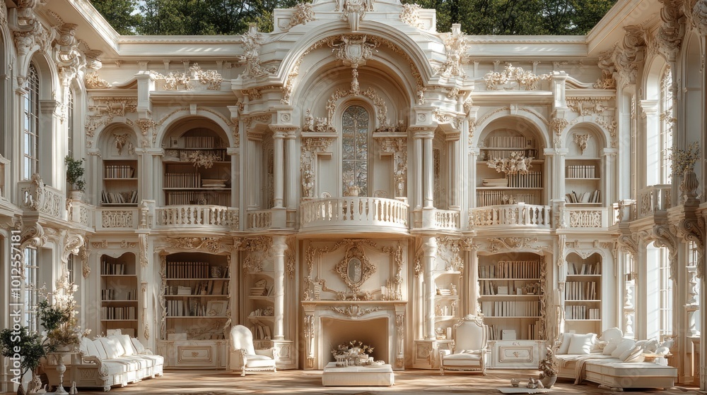 Elegant library with ornate design and cozy seating areas. Elegant library with ornate design and cozy seating areas.