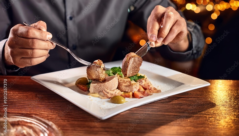 Faceless man eat Rillettes in restaurant with bokeh background. France Food. Faceless man eat Rillettes in restaurant with bokeh background. France Food.