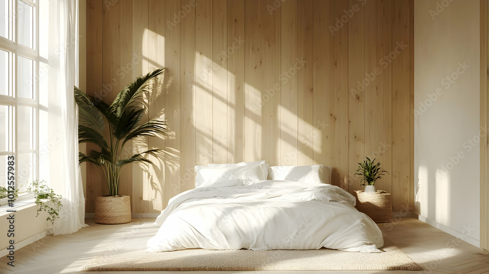 Minimalist Bedroom with Wooden Wall and White Bedding - 3D Illustration Minimalist Bedroom with Wooden Wall and White Bedding - 3D Illustration