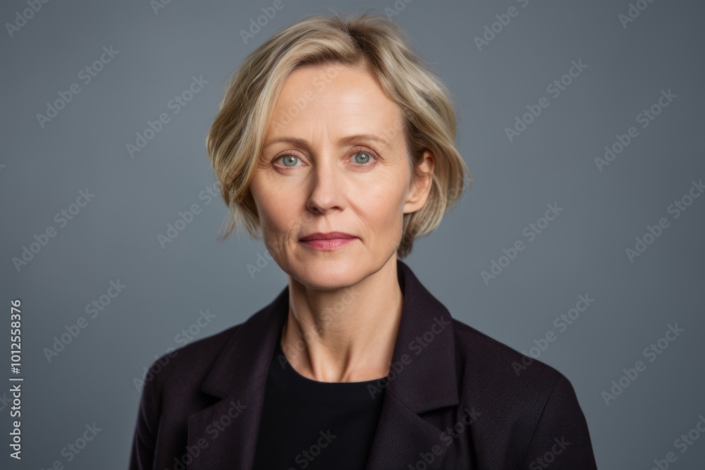 Portrait of a middle aged woman looking at camera over grey background Portrait of a middle aged woman looking at camera over grey background