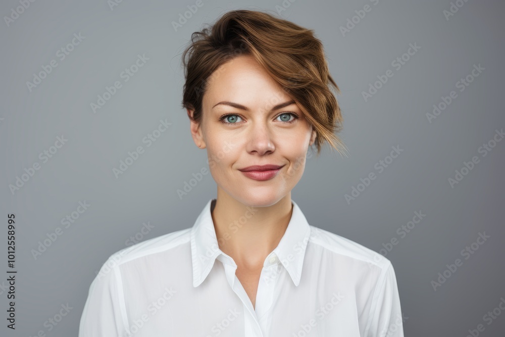 Portrait of a smiling business woman in white shirt, over grey background Portrait of a smiling business woman in white shirt, over grey background