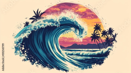 Beach Wave Artwork: Summer Vector Graphic Design for Apparel, Stickers, Posters, and Surfing Club Themes in Miami Beach Paradise photo