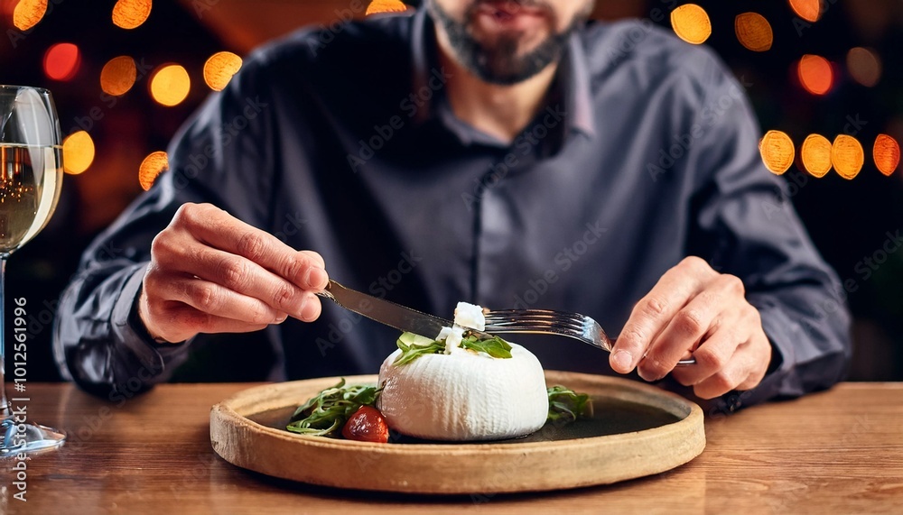 Fototapeta premium Faceless man eat Provolone in restaurant with bokeh background. Italian Food.