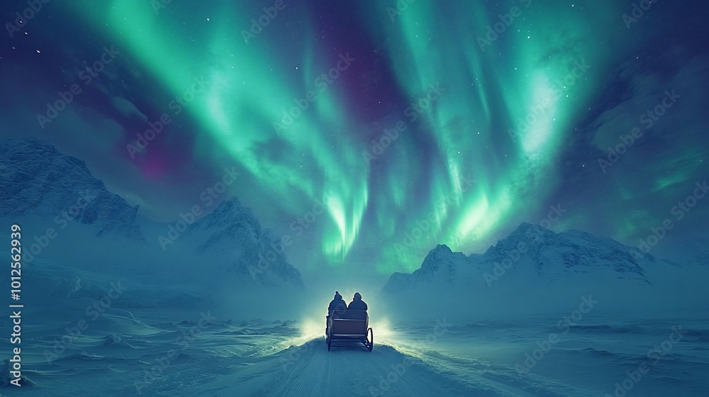 A couple watches the aurora borealis light up the night sky above snow-covered mountains. A couple watches the aurora borealis light up the night sky above snow-covered mountains.