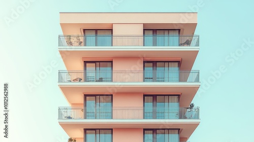 3D model of a minimalist apartment building, positioned at a high angle to showcase its balconies, against a white background. The color tone is bright whites and soft pastels, captured with 