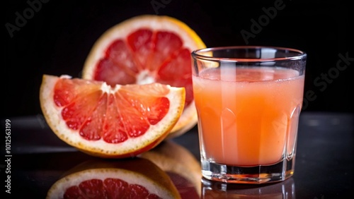 A refreshing glass of grapefruit juice beside a sliced grapefruit.