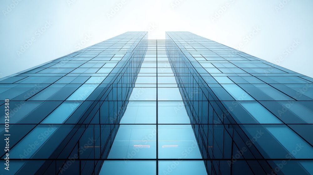 3D model of a modern office building with sleek glass facade, positioned at a low angle to emphasize its height, against a white background. The color tone features a mix of cool blues and grays, 3D model of a modern office building with sleek glass facade, positioned at a low angle to emphasize its height, against a white background. The color tone features a mix of cool blues and grays,