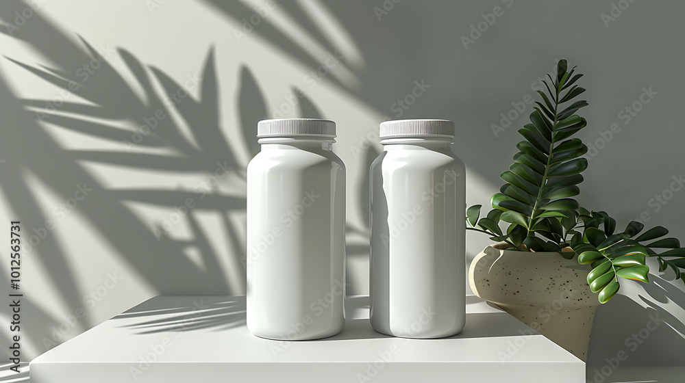 Two white bottles on a shelf with a plant and shadows cast by sunlight. Two white bottles on a shelf with a plant and shadows cast by sunlight.
