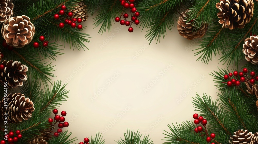 Christmas Border Frame of Tree Branches, Red Berries, and Pine Cones: Large Copy Space on White Background
Christmas Border Frame of Tree Branches, Red Berries, and Pine Cones: Large Copy Space on White Background