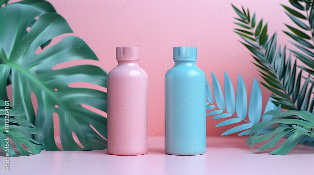 Two bottles, one pink and one blue, stand against a pink background with tropical leaves on either side. Two bottles, one pink and one blue, stand against a pink background with tropical leaves on either side.