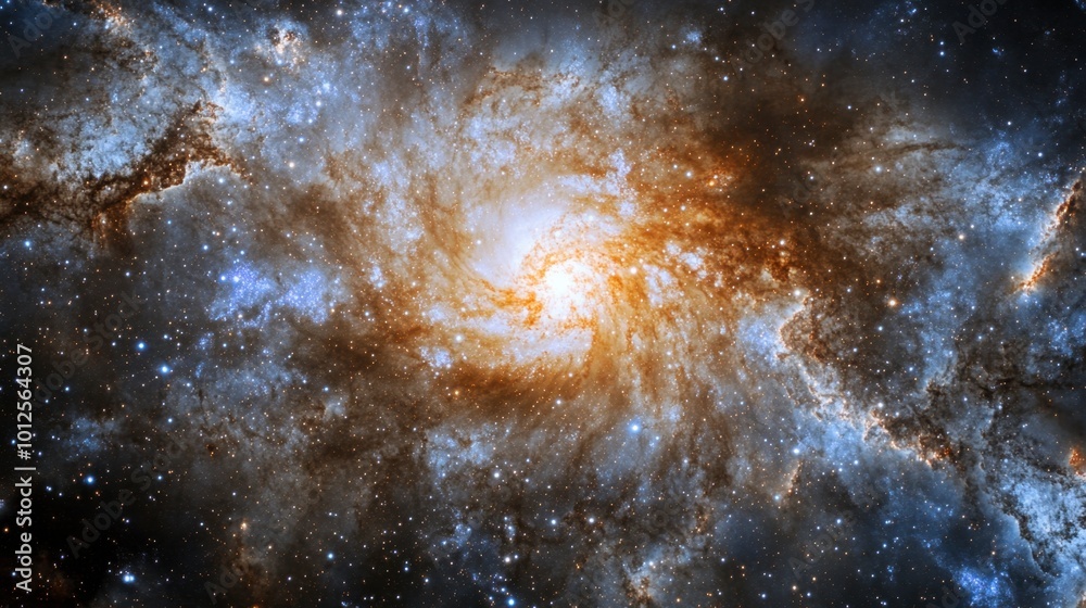 Obraz premium A breathtaking panorama of a galaxy with swirling arms and bright star clusters, capturing the vastness of the universe.