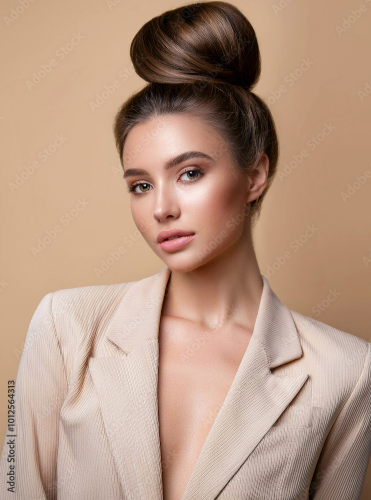 Elegant woman in a stylish beige blazer posing against a neutral background, showcasing modern fashion and sophisticated beauty. Elegant woman in a stylish beige blazer posing against a neutral background, showcasing modern fashion and sophisticated beauty.