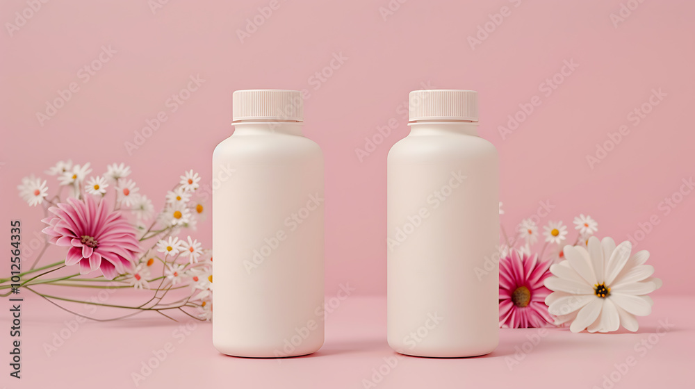 Two white bottles with a floral arrangement on a pink background. Perfect for showcasing your beauty or skincare product. Two white bottles with a floral arrangement on a pink background. Perfect for showcasing your beauty or skincare product.
