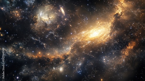 A breathtaking panorama of a galaxy with swirling arms and bright star clusters, capturing the vastness of the universe.